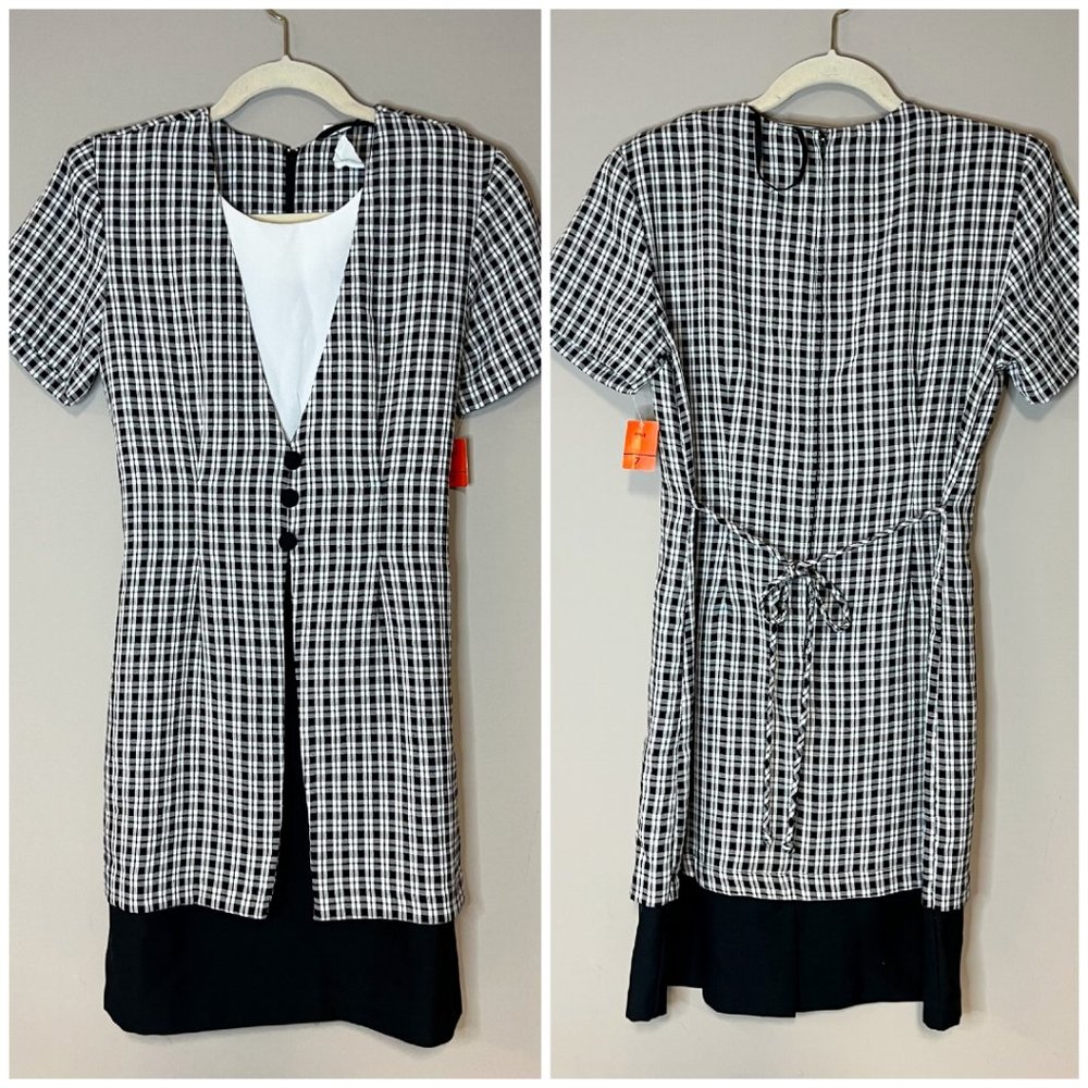 NWT Vintage 90s Black & White Plaid Tie Back Dress 1990s Clueless Grunge